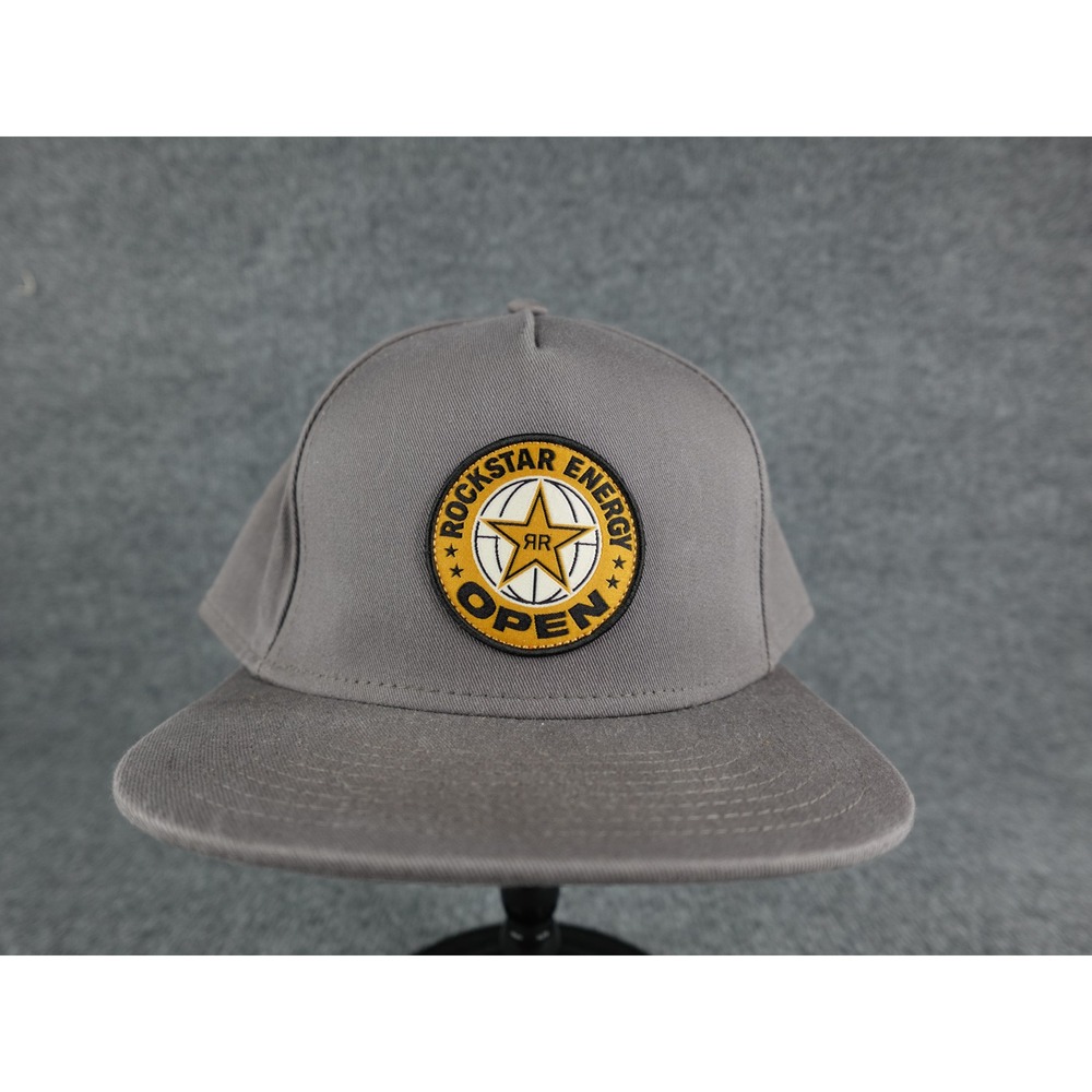 Rockstar Energy Open Snapback Hat Grey Flat Brim Logo‎ Patch Adjustable